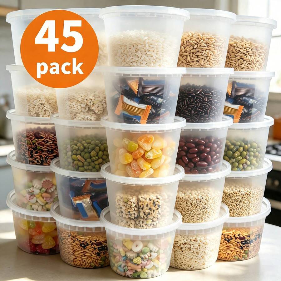 45 Sets Of Clear Plastic Storage Containers With Lids (8/16/24/32 Oz), PP Material, Heat-Resistant, Leak-Proof, Microwave , Reusable, Perfect For Dry Goods And Soups, Ideal For Family Gatherings, Restaurants, And Catering Services - 45 Sets - 查看 1