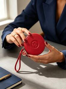 Red Round Zipper Makeup Pouch With Wrist Strap Classic Logo Portable Cosmetic Storage Bag For Daily Travel Use ARMANI-GIFT-74 - Red - View 3
