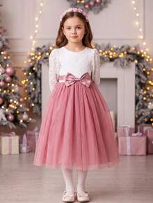 Young Girl Long Sleeve Lace Contrast Mesh Detachable Big Bow Flower Girl Wedding Party Evening Gown - Rusty Rose - View 10