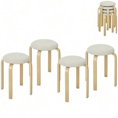 Set Of 4 Dining Stools, Round Stacking Stools, Linen-Look Kitchen Stools, Upholstered Stools For Dining Room, Living Room, Kitchen, Cream White