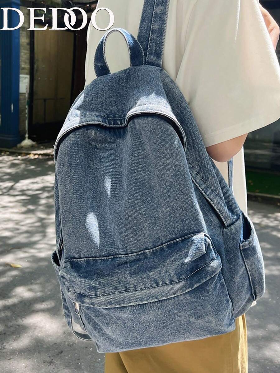 Dedoo 時尚後背包 大容量輕量收納 復古街頭工裝風 校園開學季 全季通用 中性款 - 藍色 - 查看 1