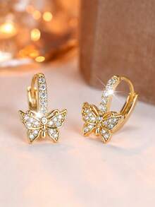 CHICAT 1 Pair Elegant Fashion Micro-Inlaid Zirconia Gold-Tone Butterfly Hoop Earrings For Women, Sparkling Crystal Butterfly Pendant Stud Earrings, Statement Jewelry For Party, Date Night And Daily Wear - Gold - View 3