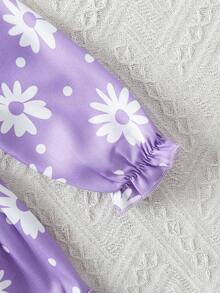 Infant Girl Daisy Print Long Sleeve Dress, Square Neck Puff Long Sleeve With Bow Decor On Chest, Ruched Waist + Ruffle Hem Design, Fresh Sweet Style Skin-Friendly Breathable Floral Princess Dress, Suitable For Infant Girl Daily Wear, Outings, Photography, Birthday Parties And More - Purple - View 4
