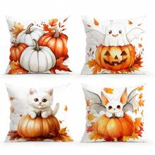 4pcs Halloween Pumpkin Decorative Pattern Single-Sided Printed Pillow Covers/Cushion Covers, Multi-Scene Atmosphere Decoration Pillow Covers Suitable For Living Room, Sofa, Bedroom, Without Pillow Insert - Multicolor - View 13