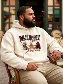 Plus Size Men's Beige Plaid Leopard Print Christmas Tree & Gingerbread Man Graphic Hoodie, Loose Fit Kangaroo Pocket Casual Pullover Sweatshirt - Multicolor - View 2