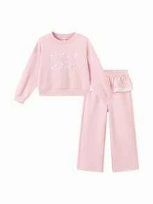 Balabala 女童 2 件套服裝組合，甜美長袖上衣與長褲，時尚秋季休閒大童女裝 - 白紅色 - 查看 1