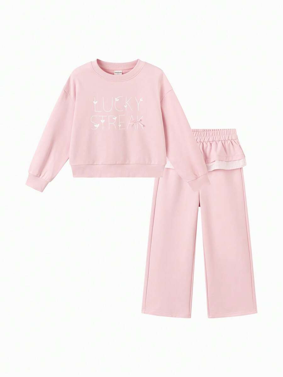 Balabala 女童 2 件套服裝組合，甜美長袖上衣與長褲，時尚秋季休閒大童女裝 - 白紅色 - 查看 1