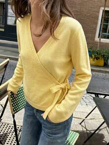Women's V-Neck Cross Collar Side Tie Bow Elegant Loose Basic Solid Color Cardigan Sweater, Thick Warm Knit Open Front, Suitable For Single Wear Or Layering, Autumn/Winter - Yellow - View 1