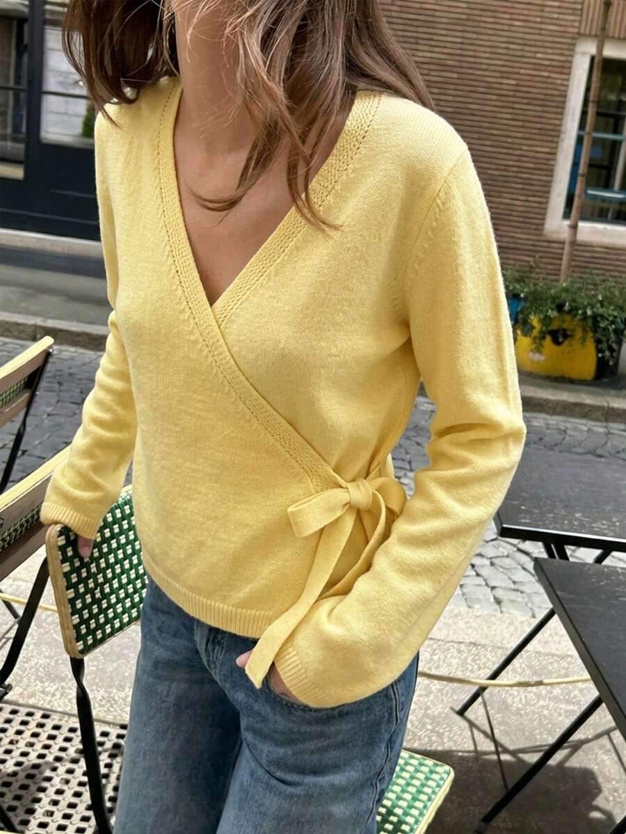 Women's V-Neck Cross Collar Side Tie Bow Elegant Loose Basic Solid Color Cardigan Sweater, Thick Warm Knit Open Front, Suitable For Single Wear Or Layering, Autumn/Winter - Yellow - View 1