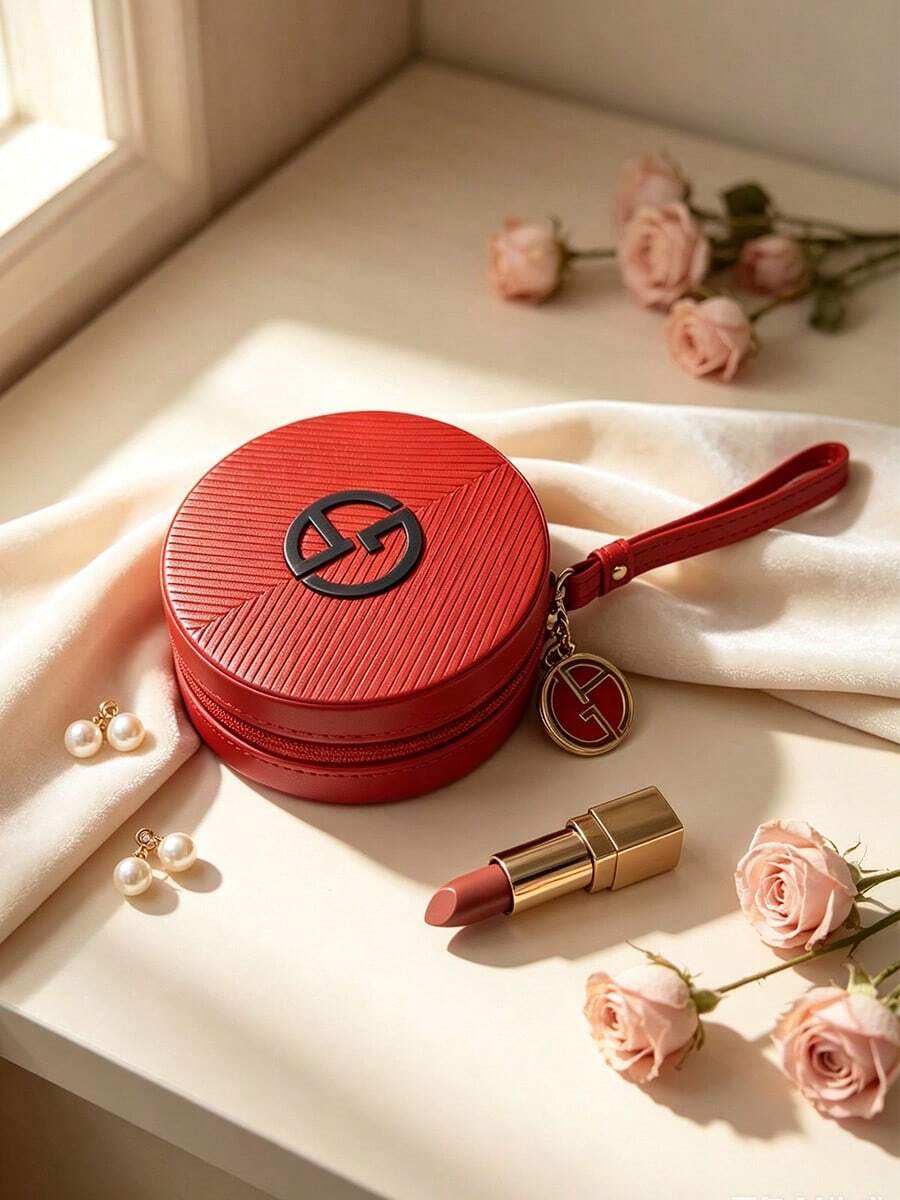 Red Round Zipper Makeup Pouch With Wrist Strap Classic Logo Portable Cosmetic Storage Bag For Daily Travel Use ARMANI-GIFT-75 - Red - View 1