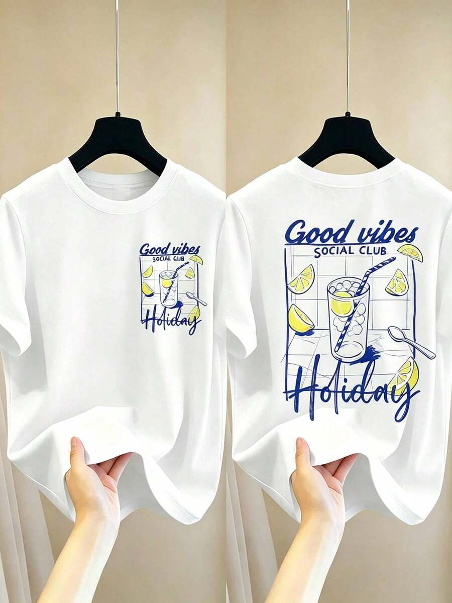 Men's Short-Sleeved T-Shirt Adorned With A Fresh Lemon Pattern Paired With A Casual And Cheerful Slogan. - 白色 - 查看 1