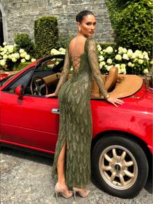UNITHORSE [Random Cut] Square Neck Long Sleeve Tie-Waist Sequin Evening Dress - Olive Green - View 4