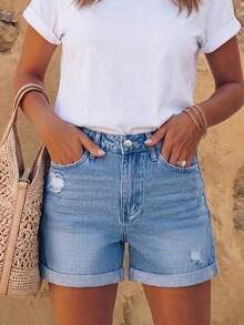 Cross-Border American Street Style Summer New Versatile Loose Simple Casual Distressed Solid Color Washed Women's Jeans - Light Wash - View 3