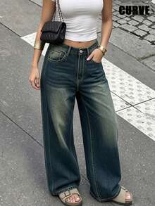 Plus Size Retro Casual Loose Straight Leg Denim Maxi Pants, Fashion & Versatile Spring Vacation Fall - Dark Wash - View 3