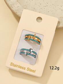 1/2pcs Stainless Steel 304 Material Gold And Silver Inlaid With Light Blue Rhinestone Triple Ring Stackable Rings, Set Purchase Comes With Card, Also Available For Individual Color Purchase, Suitable For Women's Daily Decoration Or Gift - Multicolor - View 14