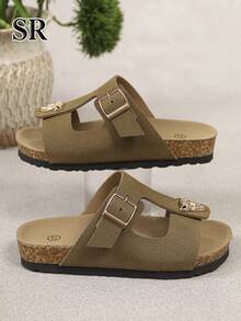 1 Pair Girls Khaki Metal Leopard Head Decor Fashion Slippers, Minimalist Casual Sandals, Daily & Vacation Sandals - Khaki - View 6