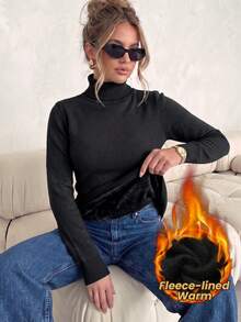 Women's Sweater Turtleneck Pullover Solid Color Slim Fit High Neck Long Sleeve Soft Knit Fleece Lined Casual Daily Fall Winter Cozy Warm - Black - View 1