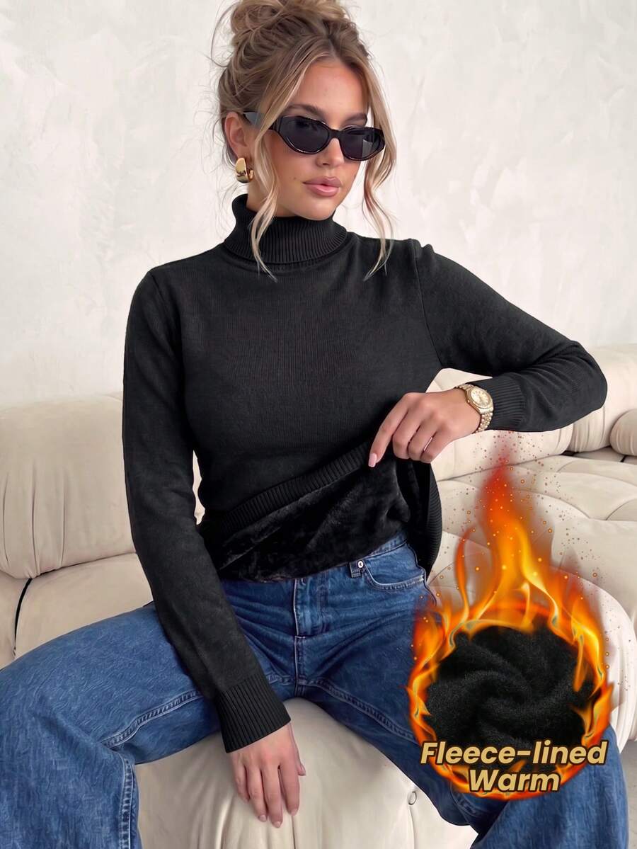 Women's Sweater Turtleneck Pullover Solid Color Slim Fit High Neck Long Sleeve Soft Knit Fleece Lined Casual Daily Fall Winter Cozy Warm - Black - View 1