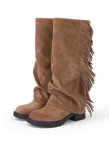 Women's Ruched Slouchy Mid Calf Boots Faux Suede Fringe Cowboy Western Fold Over Boots Chunky Heels Vintage Pleated Pull On Dress Wide Calf Boots - 棕色 - 查看 8