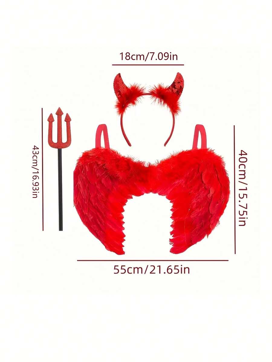 3pcs Halloween Devil Horns & Wings Set, Includes Wings, Devil Horns Headband, Devil Pitchfork, Halloween Party Devil Costume Accessories, Holiday Photo Props, Suitable For Halloween Party Decoration, Costume Party Props, Holiday Performance Props - Multicolor - View 1