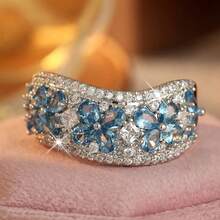 Romantic Luxury Blue Flower Full-Pave Cubic Zirconia Wide Band Ring, Elegant Bridal Wedding Banquet Accessory For Women - Silver - View 4