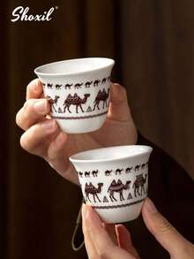 shoxil 1/6pcs Small Ceramic Coffee & Tea Cups, Decorative Camel Print Ceramic Cups, Traditional Arabic Design, Smooth Glazed Drinkware, Suitable For Daily Use, Family Gatherings, Ramadan Events, Home Use And Cultural Gift Giving - Cup - View 4