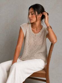 Women's Apricot Breathable Hollow Crochet Knit Vest, Summer Beach Casual Sleeveless Tank Top, Women's Hollow Knit Top, Suitable For Daily Wear, Casual Commuting, Vacation, Preppy Style - Apricot - View 3