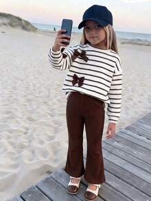 Girls' Autumn Fashion Round Neck Striped Bow Knit Ribbed Pullover Top With Knit Elastic Flared Long Pants - Brown - View 1