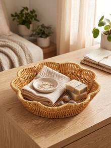 1pc Multifunctional Oval Woven Storage Basket - Plastic Rattan Design, Suitable For Storing Fruits, Snacks, Spoons, Flowers And Groceries, Used For Shelf Baskets, Room Decor, Home Decoration - Round Lace - View 5