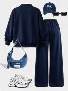 Teen GirlCasual Letter Print Half-Zip Sweatshirt And Wide Leg Pants 2-Piece Set, Autumn Winter Outfit, Campus Style, Homecoming Outfit - Navy Blue - View 2