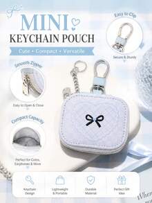 Cute Coquette Heart Bow Print Earbud Case, Mini Keychain Pouch For Wireless Bluetooth Headphones Storage & Daily Decoration - Baby Blue - View 1