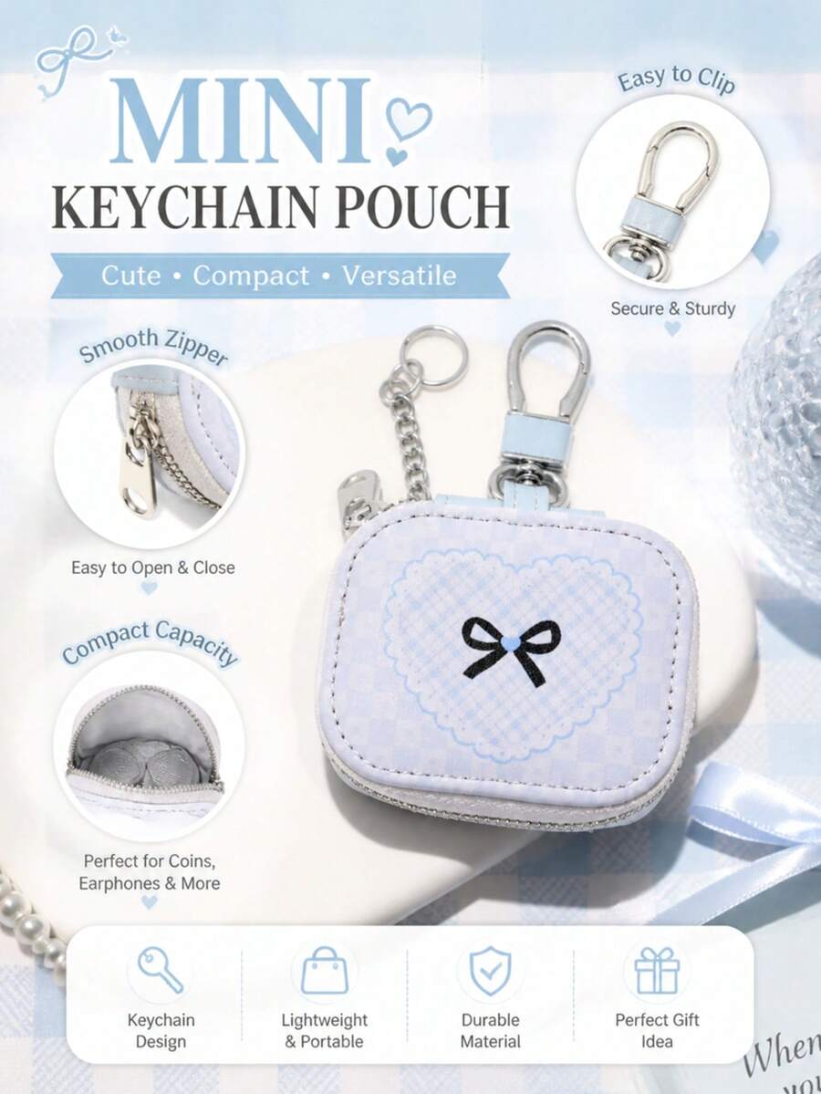 Cute Coquette Heart Bow Print Earbud Case, Mini Keychain Pouch For Wireless Bluetooth Headphones Storage & Daily Decoration - Baby Blue - View 1