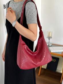 Women's Solid Color PU Leather Fashion Large Capacity Daily Shoulder Bag - Red - View 2