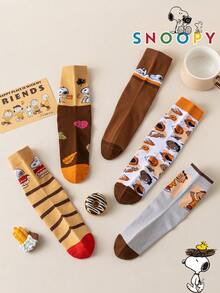 1/5/10 Pairs Snoopy Socks Women's Mid-Calf Socks, Marron Vintage Winter Style, Color Block Striped Print With Puppy Pattern - Multicolor - View 7