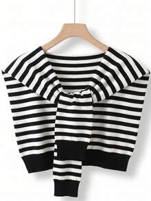 1pc New Autumn Black & White Striped Knit Shawl, Women's Tie-Up Knit Cape Scarf, Office Air-Conditioned Room Decorative Shawl Scarf - Multicolor - View 9