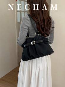 1pc Korean Style Polka Dot Highly Attractive Niche Shoulder Bag With Exquisite Buckle Design Tote Bag - Black - View 2
