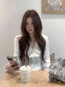 V-Neck Long Sleeve Cable Knit Cardigan - White - View 7