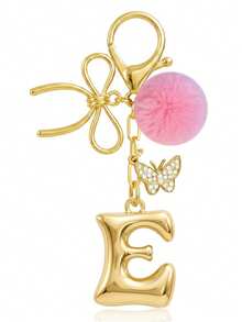 Cute Minimalist A-Z Initial Gold Keychain With Bowknot Pink Fur Ball Key Chain For Women's Bags, Daily Wear And Gift - Gold - View 22
