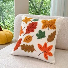 FAUNUS 1pc Chenille Tufted Embroidered Throw Pillow Cover, Autumn Maple Leaf & Oak Leaf Decorative Cushion Case, Thanksgiving Holiday Home Decor For Sofa & Living Room, Pillow Insert Not Included - Autumn Leaves Drifting - View 2