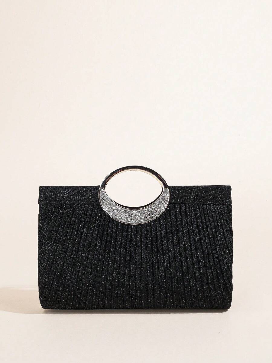 LJDCRFT Tas Clutch Lipit Oval dengan Pegangan Bertabur Berlian untuk Wanita, Cocok untuk Acara Formal Seperti Pernikahan, Pesta Dansa, Pesta Koktail, dan Perjamuan. - Hitam - View 1