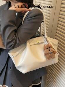 Atmospheric Large Capacity Tote Bag, Soft Relaxed Body With Extended Handle, Metal Buckle Decoration On Front, Can Be Paired With Fun Charms. Open Design For Easy Access, Ample Internal Storage Space, Simple And Elegant Style, Suitable For Commuting And Daily Outings, Compatible With Various Daily Outfits. - White - View 5