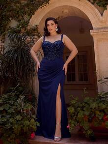 ADYCE Elegantes Brautjungfernkleid mit dicken Trägern, tailliert, rückenfrei, figurbetont, mit Pailletten, hohem Schlitz und bodenlang, Abendkleid für Abschlussball, Geburtstagskleid für Party - marineblau - Übersicht 5
