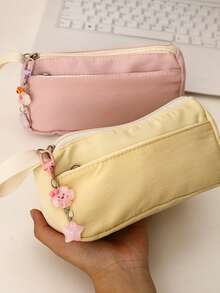 1pc New Ins Simplicity Solid Style Large Capacity Cute Plush Pencil Case With Keychain Simple Stationery Organizer Bag For Students - Pencil Case - View 4