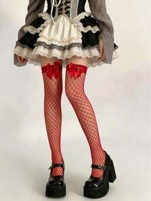 Red Bow Red Fishnet Thigh High Socks Lolita Y2K Gothic Cosplay Stockings - Red - View 7