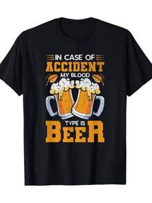 Fun Beer For Men And Women T Shirt - Slogan"If There Is A Problem,My Blood Type Is Beer",Black And Orange Print,Round Neck - 黑色 - 查看 6