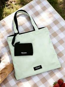 Prada Reversible Dual Color Nylon Tote Cosmetic Bag, Light Green Black Two Sided Design With Detachable Small Zipper Purse Portable Large Storage Handbag Women Elegant Gift PRADA-GIFT-2 - Mint Green + Black Two-tone - View 5