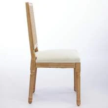 French Farmhouse Dining Chairs Set Of 2, Distressed Solid Wood Frame, Square Woven Rattan Back, Breathable Linen Upholstered Chair, Cushion With Foam & Steel S Spring, Vintage Side Chairs,DE1779BG - Beige - View 5