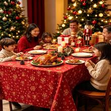 1pc Christmas Red Plaid Tablecloth With Snowflakes, Double Sided Printed Farmhouse Xmas Decorative Table Cover For Holiday Dinner Party, Rectangular Washable Fabric Table Cloth For Kitchen Dining Home Decor - Red - View 6
