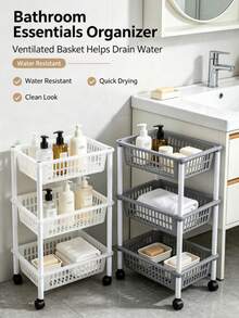 3‑Tier Rolling Storage Trolley, Large‑Capacity Hollow Basket Organizer Rack, Detachable Design, Plastic Material, Rectangular Multi‑Layer Storage Shelf, Mobile Utility Cart Suitable For Kitchen, Bathroom, Bedroom And More - Multicolor - View 3
