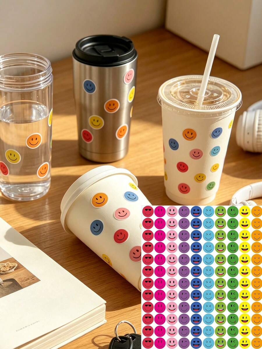 1200pcs (10 Sheets)/Set Happy Smiling Face Self-Adhesive Graffiti Stickers, Round Colorful Reward Labels, 10 Styles Happy Smiling Face PVC Waterproof Encouragement Stickers - Multicolor - View 1